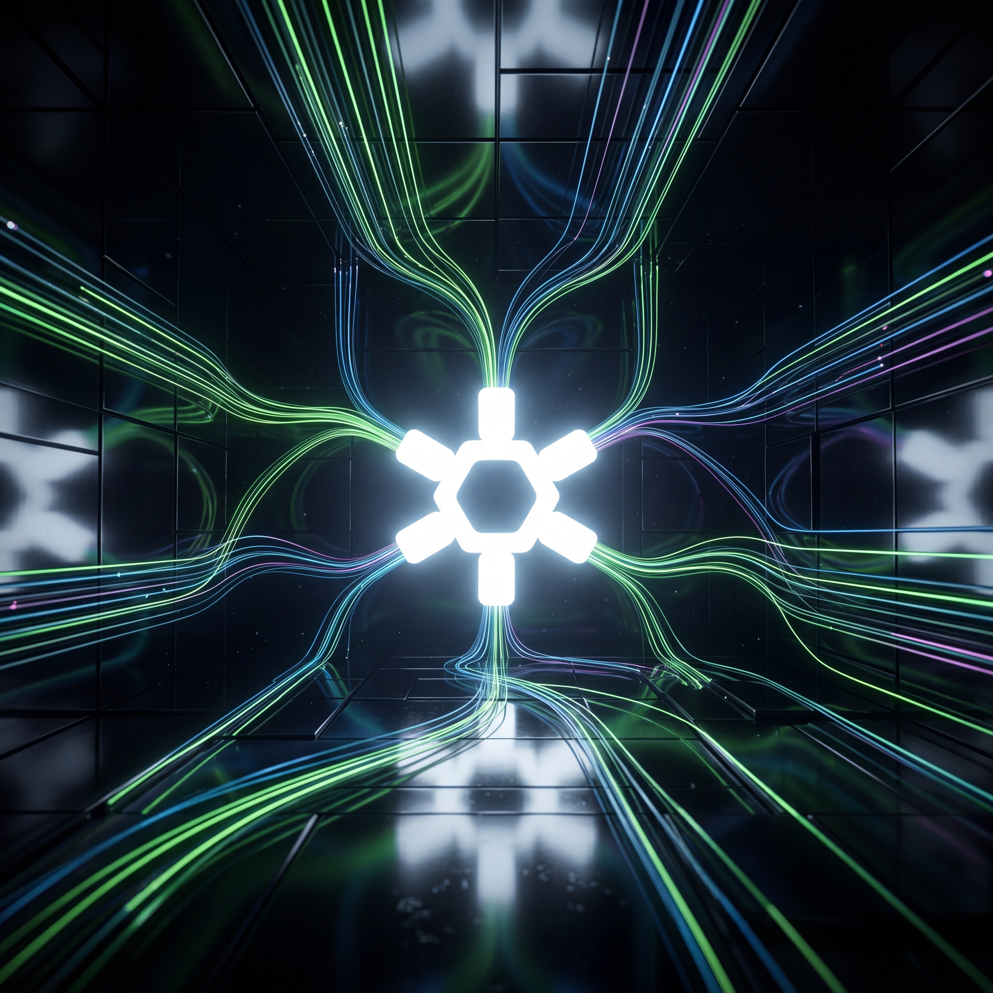 Glowing data streams converging on the DigiVault logo
