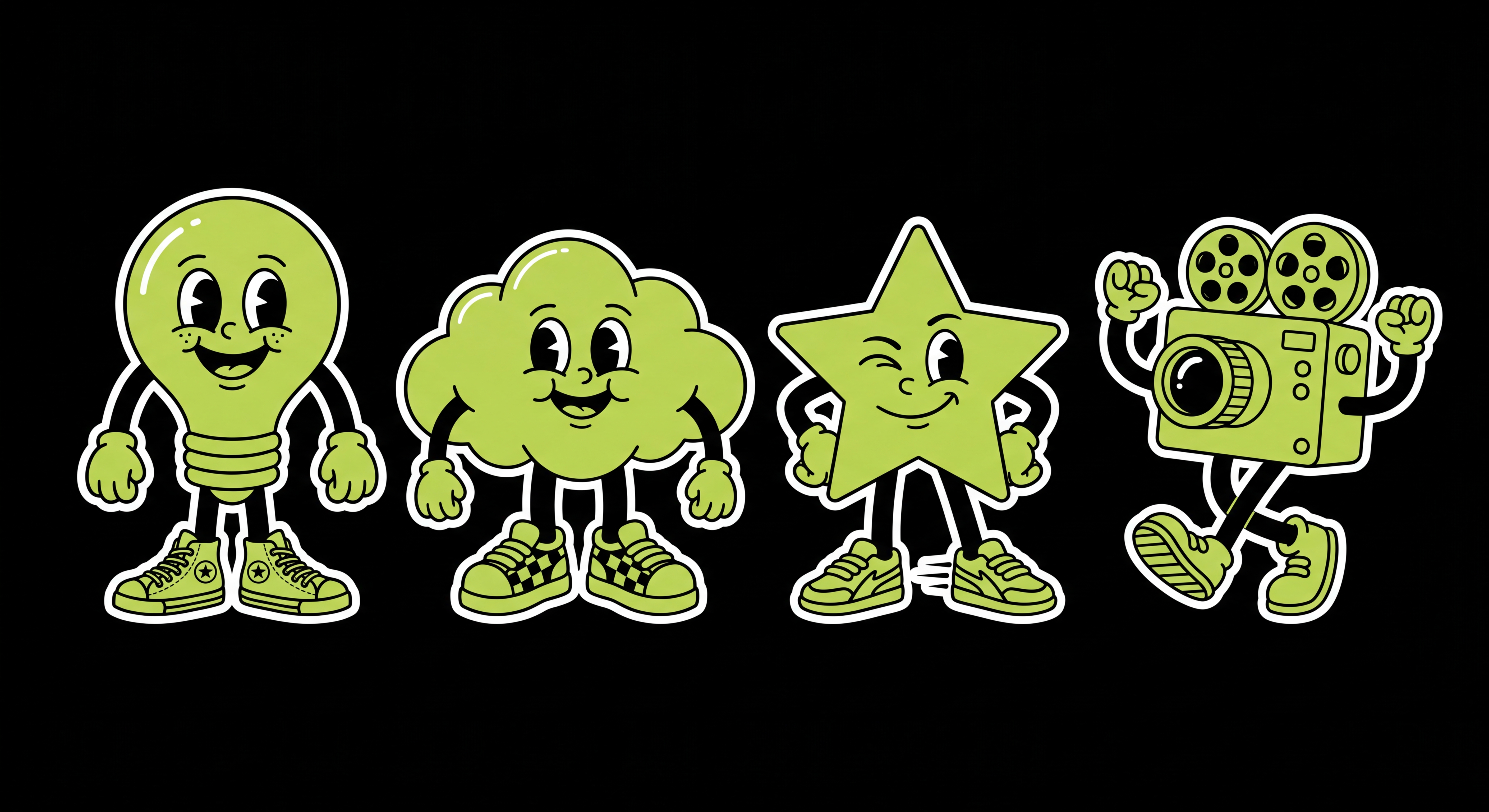 Four blue cartoon characters in sneakers
