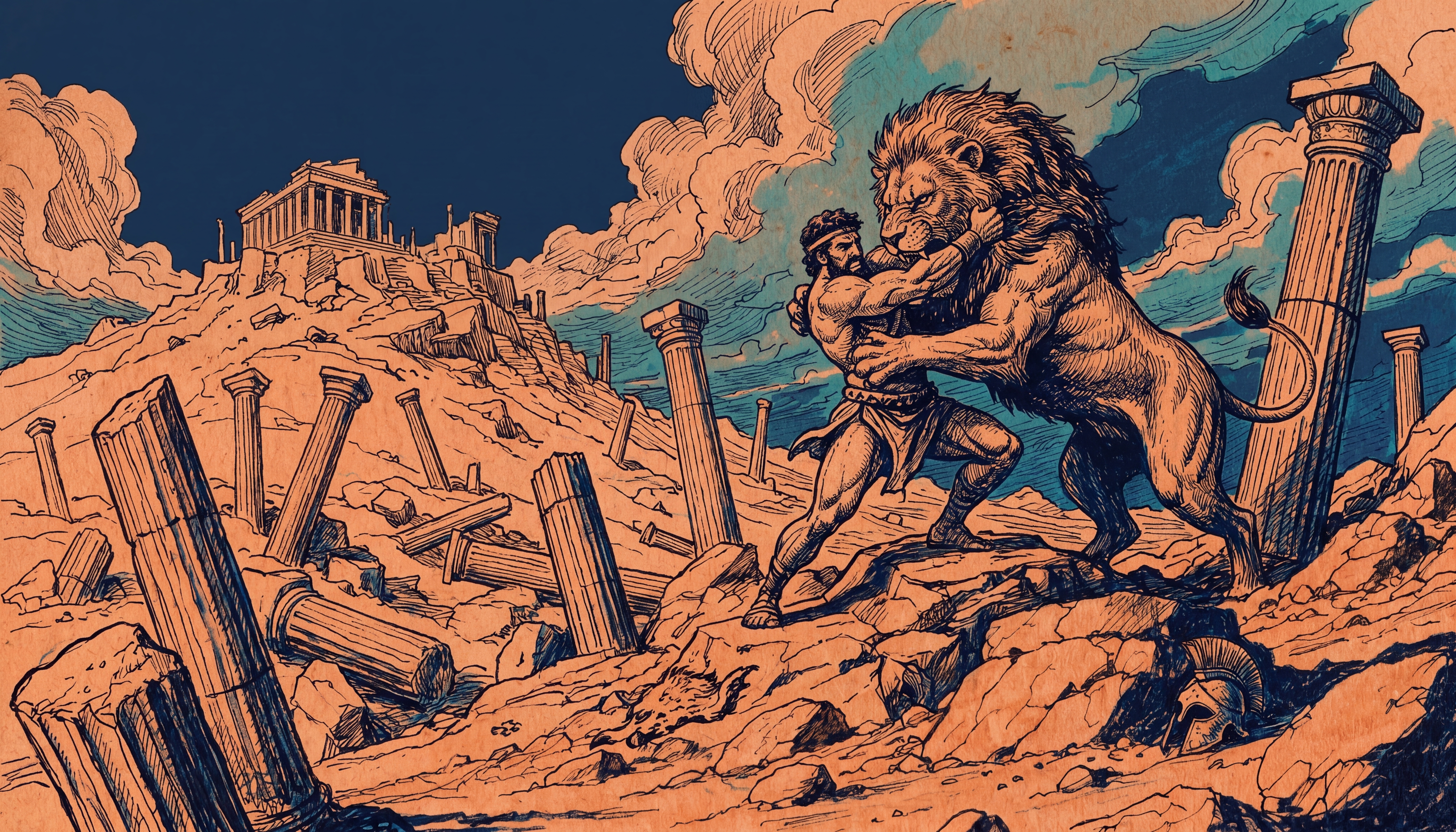 Illustrated scene of a hunter in ancient ruins